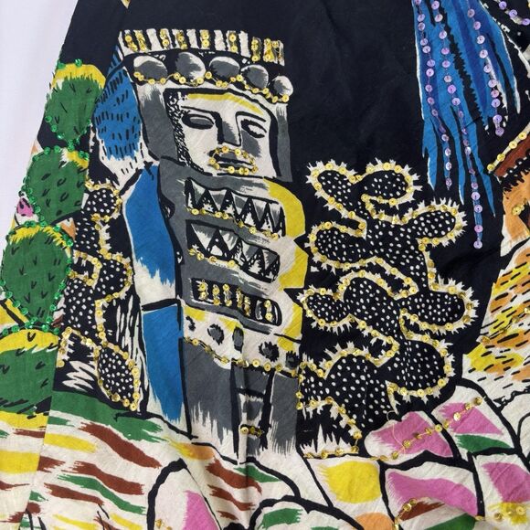 Ishyu Graphic Aztec Mayan Flared Flowy Maxi Skirt Sequins Volcano Women's Small - Picture 9 of 12